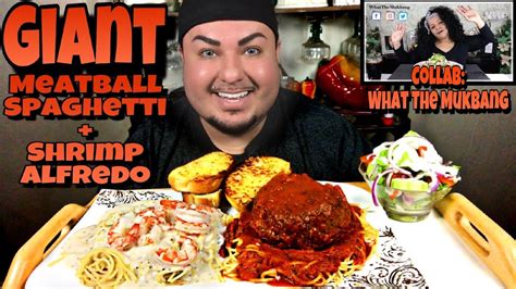 GIANT Meatball Spaghetti + Shrimp Alfredo | Assumptions Game | COLLAB: What The Mukbang - YouTube
