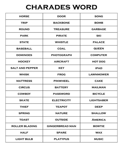 Printable Charades List For Adults | Charades words, Charades, Charades for kids