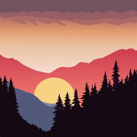 Premium Vector | Mountain sunset silhouettes serene nature landscape