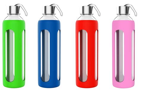 20oz Glass Water Bottle with Protective Silicone Sleeve, BPA Free by Classic Cuisine (Blue ...