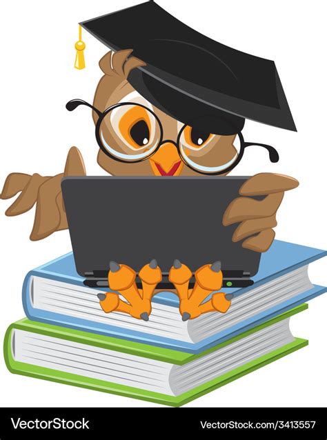 Owl sitting on books and holding a laptop Vector Image