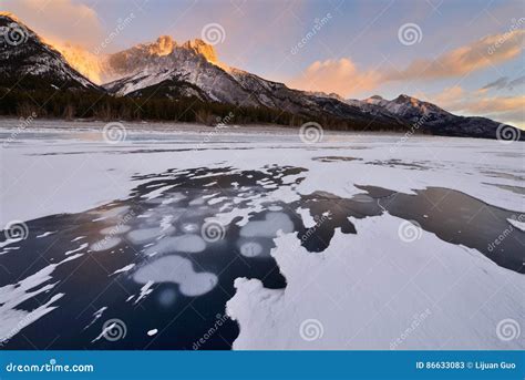 Abraham Lake in Winter Sunrise Kootenay Plains Alberta Stock Image ...