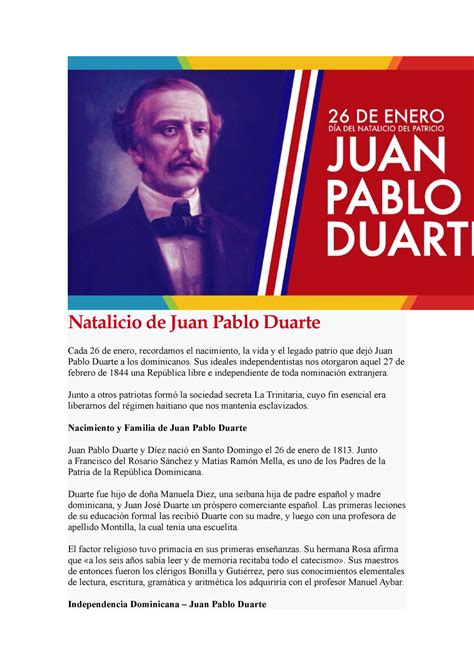 Biografia de Duarte - Natalicio de Juan Pablo Duarte Cada 26 de enero, recordamos el nacimiento ...