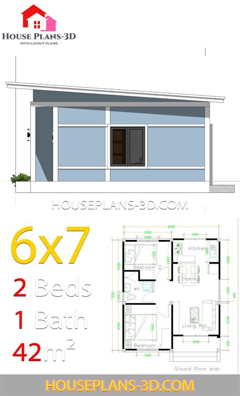 Simple House Plans 6x7 with 2 bedrooms Shed Roof - House Plans 3D