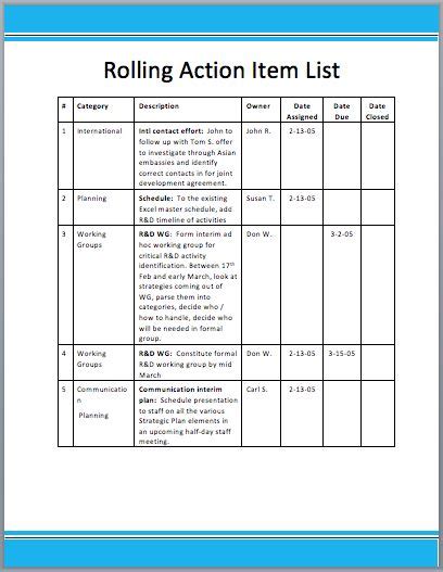 Rolling Action Item List Template | Action plan template, List template ...
