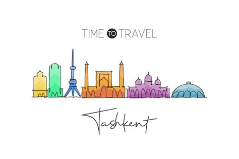 Premium Vector | One single line drawing of tashkent city skyline uzbekistan world historical ...