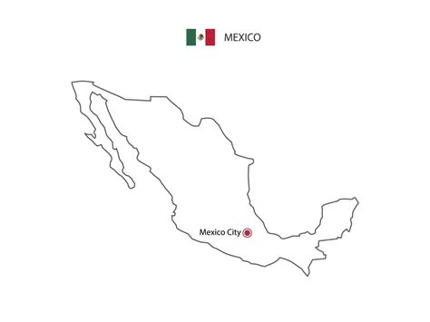 Hand draw thin black line vector of Mexico Map with capital city Mexico City on white background ...