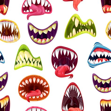 Cartoon Monster Mouths With Teeth Vector Seamless Pattern Background, Cartoon, Monster, Mouth ...