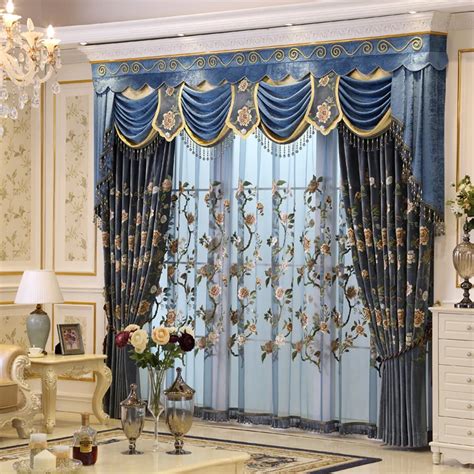 SunnyHouseware Luxury Bule Embroidered curtains and valances lace cortinas for living room-in ...