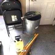 2 folding chairs, metal trash bin, sprayer & folding metal saw horse - Comas Montgomery Realty ...