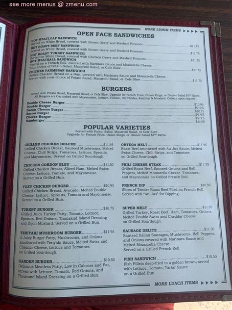 Menu at Snooty Fox restaurant, Laguna Hills