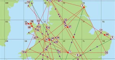 A map of Englands Ley Lines and a key of sacred sites that they pass ...