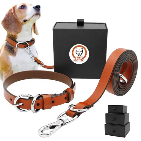 Real Leather Dog Collar and Leash Set Adjustable Genuine Pet Collar and Leash For Small Medium ...