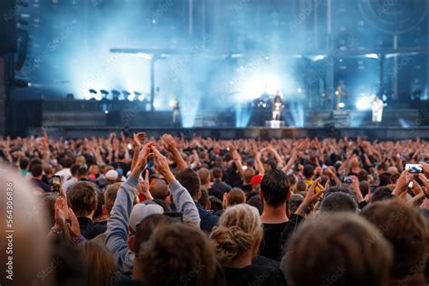 The happy crowd in a concert hall. Silhouettes of raised hands. Stock ...