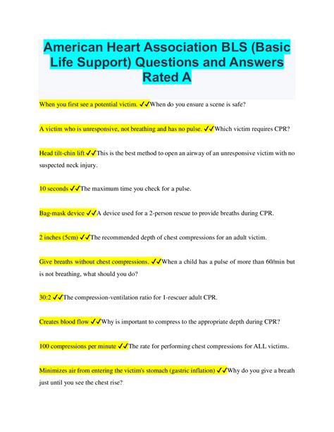 American Heart Association BLS (Basic Life Support) Questions and Answers Rated A in 2022 ...