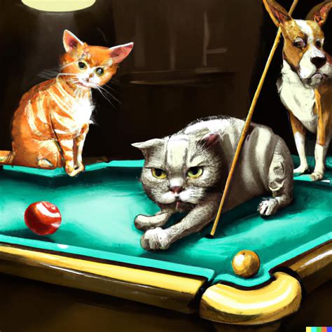 A disappointed cat playing pool with dog friends, | DALL·E 2 | OpenArt