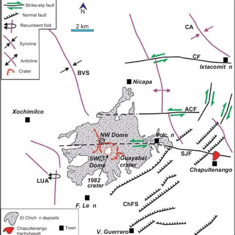 General geology map of El Chichón volcano, showing location of analysed ...