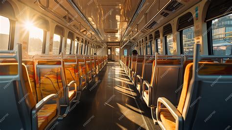 Premium AI Image | Bright Public Train Interior Passenger View