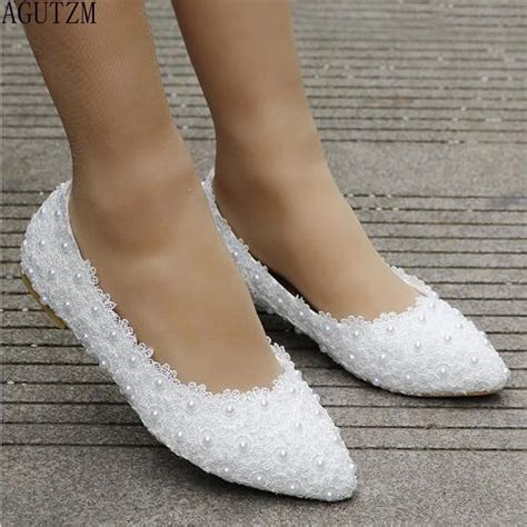 AGUTZM White lace pearl casual women's shoes 2018 WOMEN White pointed ...