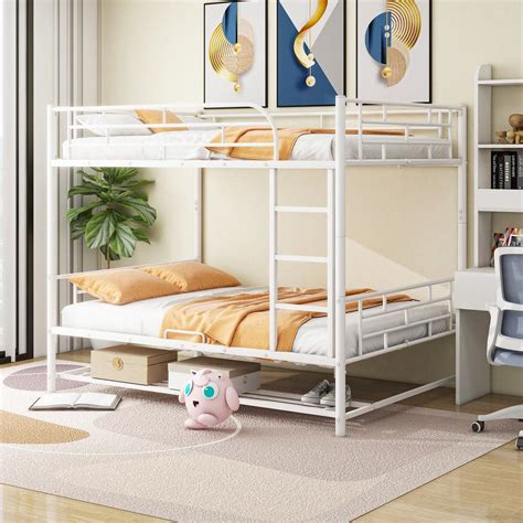 Harper & Bright Designs Detachable White Full over Full Metal Bunk Bed with Under-Bed Shelf and ...