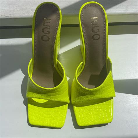 EGO Shoes - Wedge Sandals Square Toe Neon Yellow... - Depop