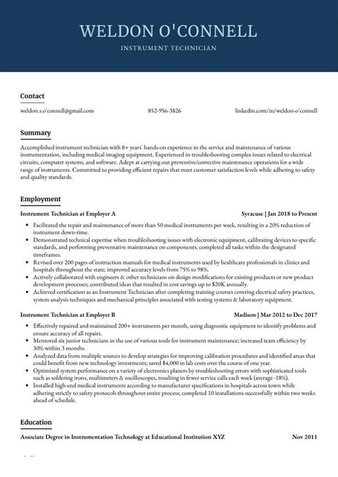 Instrument Technician Resume (CV) Example and Writing Guide