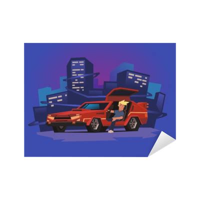 Sticker Young smiling guy sitting in futuristic racing car on neon city background. Cyberpunk ...