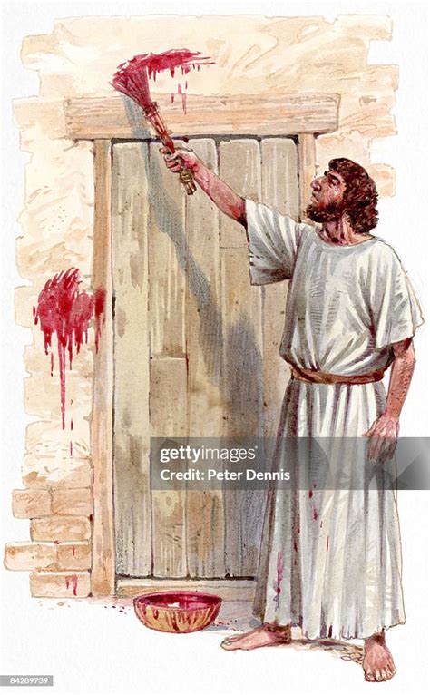 Illustration Of Israelite Man Painting Blood Of Passover Lamb On Wooden ...