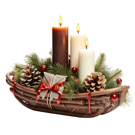 Christmas Decor Of Burning Candles And Painted Sled In Branches Of Christmas Tree, Pine Branch ...