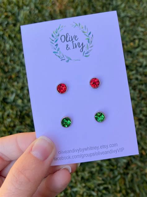 Christmas Stud Earrings, Small Christmas Earrings, Glitter Studs, Red ...