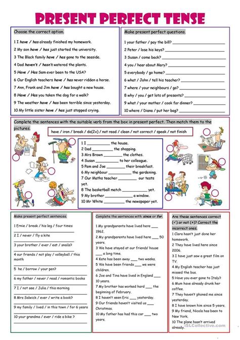 the present perfect tense worksheet is shown in red and blue, with two different words