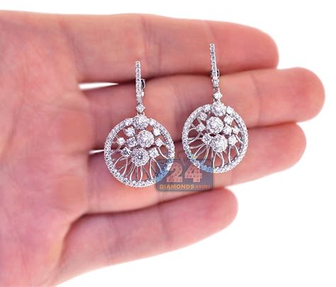 Womens Diamond Round Drop Earrings 18K White Gold 2.67 Carat