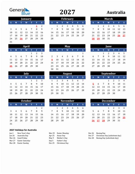 2027 Australia Calendar with Holidays