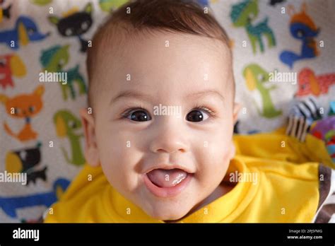 Happy newborn baby makes a funny face. Portrait of a crawling baby in his room close up Stock ...