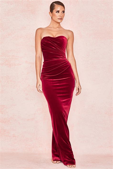 Beautiful Strapless Long Velvet Red Prom Dress