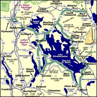 New Hampshire - Lakes Region Tour Map | England map, Lake winnipesaukee ...