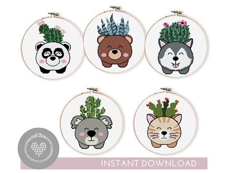 Set of 5 animals cross stitch patterns easy xstitch DIY chart | Etsy