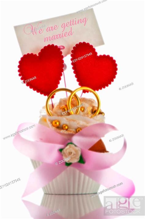 Wedding invitation card with cupcake two heart and two ring on white ...