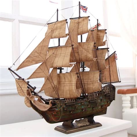 Vintage Sailing Boat Model Assembled Ornaments 60cm Solid Wood Craft ...