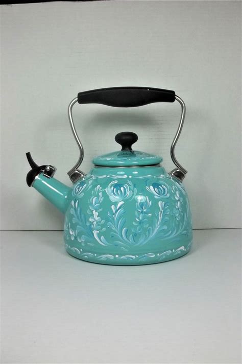 Tea Kettle, Turquoise, Hand Painted, Scandinavian Style, Folk Art Design, Enamel on steel ...