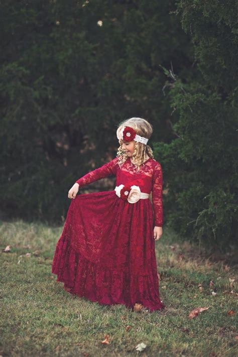 Lace Flower Girl Dress, Burgundy, Girl Lace Dresses, Wine Red Dress, Long Sleeve, Toddler ...