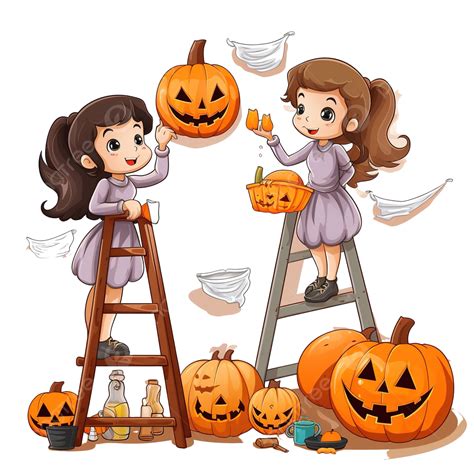 A Couple Of Little Girls In Costume Decorating A Halloween Themed Room, Halloween Decorations ...