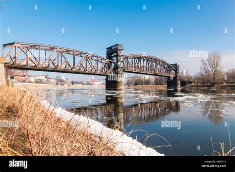 Magdeburg, Germany - 4 March 2018: On the river Elbe in Magdeburg, ice floes swim underneath the ...