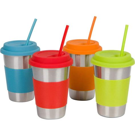 To-Go Stainless Steel Cups with Silicone Lids, Sleeves and Straws, 16 oz (1 Pint) Stainless ...
