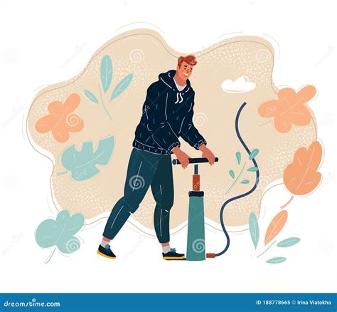 Vector Illustration of Man Inflates the Air Something with a Pumper ...