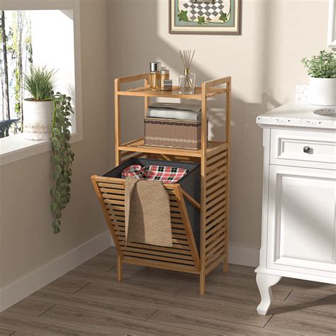 Bamboo Tilt-Out Laundry Hamper Cabinet, Bathroom Storage Cabinet with Basket, Shelves and ...