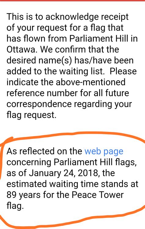 The wait time to receive the Parliament Hill Flag is now at 89 years ...