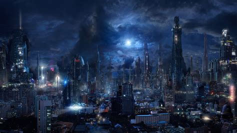 Download 1920x1080 Futuristic City, Sci-fi, Skyscrapers, Night, Dark ...