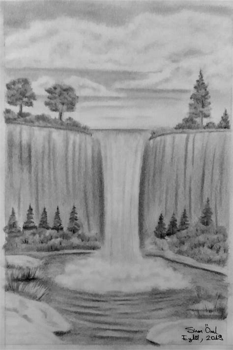 Waterfall Drawing 16x24 | Waterfall drawing, Drawing scenery, Landscape ...