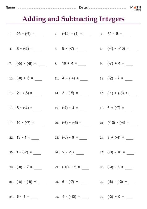 7th Grade Integers Worksheets - Math Monks